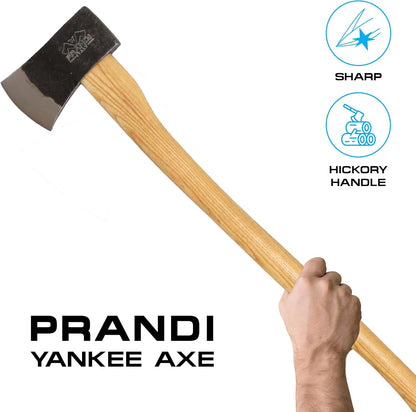 Prandi Axes Yankee C45 Forged Carbon Steel Hatchet - Hickory Handle with Leather String - Ideal for Firewood, Splitting, and Chopping - 35.43" L x 7.95" W, 1800g Head 3.086.18.TH