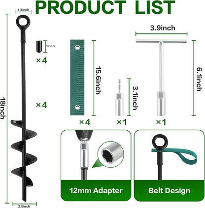 18-Inch Ground Anchors Screw in Heavy Duty, 4 Pack Shed Anchor Kit with Wrenches and Straps, High Wind Trampoline Anchors & Stakes for Swing Sets, Camping Tent, Carport, Plants, Mobile Home