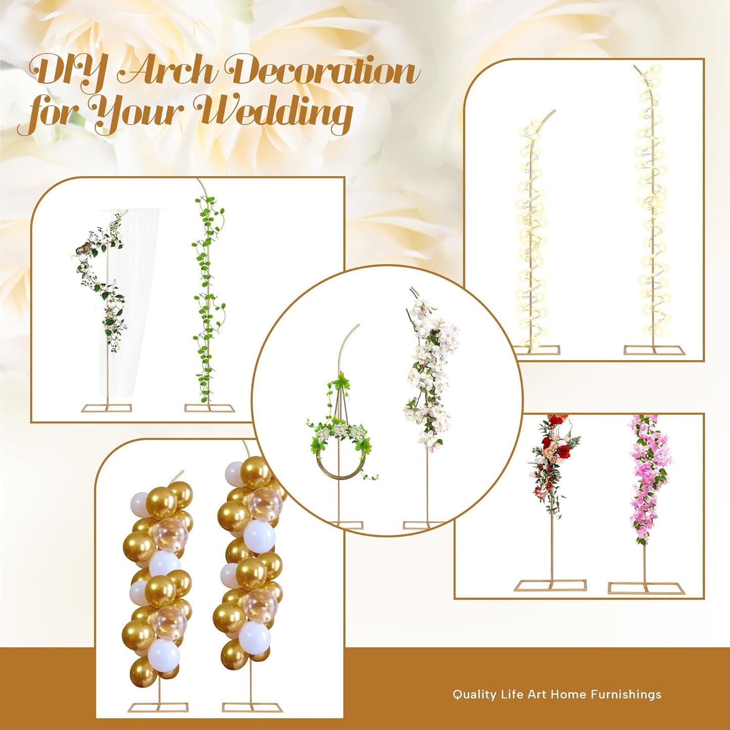 HPC Decor Set of 2 Wedding Arch Backdrop Stand, 8FT, 6.7FT Gold Metal Arch Backdrop Stand for Wedding Ceremony Bridal Baby Shower Birthday Party Garden Floral Balloon Decoration Arch Frame Decor