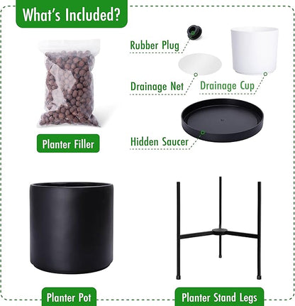 D'vine Dev Modern Black Plants Pot Cylinder Planter with Heavy Duty Stand, Small 8 Inch Pot, 12.6 Inch with Stand Height, 96-T-B-1