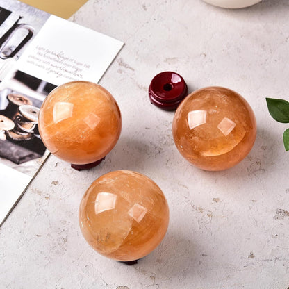 JIC Gem Stripe Orange Calcite Sphere Ball 3.5inch with Wood Stand for Fengshui Healing and Decoration