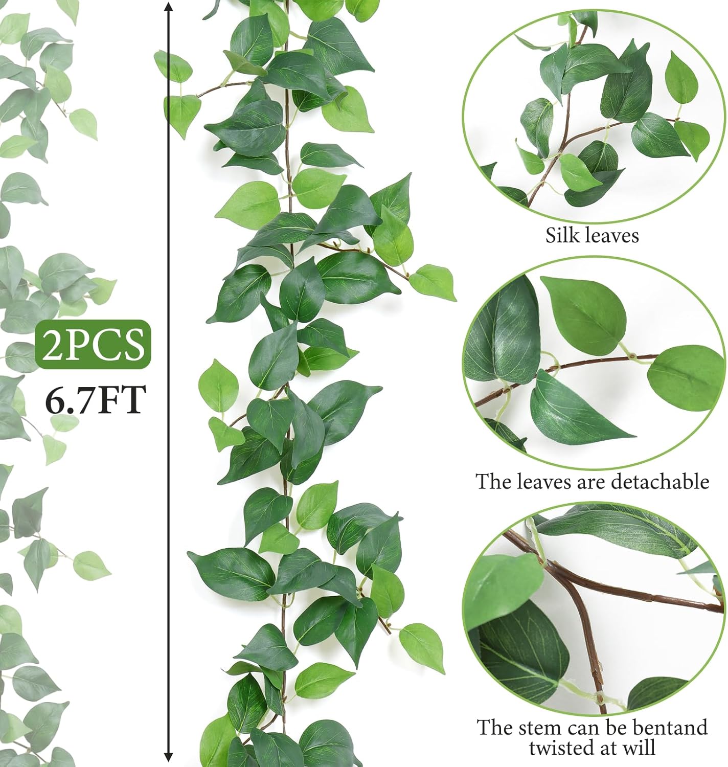 Dremisland 4 Strands Artificial Scindaps Vines Garland 6.7ft Fake Vines Ivy Garland Silk Green Leaves Faux Hanging Plants Greenery Decoration for Bedroom Wall Patio Party Wedding Decor(Ivy, 4PCS)
