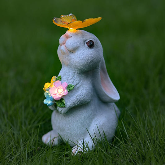 Solar Rabbit Outdoor Statues Garden Decor with Butterfly LED Lights Bunny Statue Decor for Patio Balcony Yard Lawn Ornament, Birthday Gardening Gifts for Mom Grandma Women
