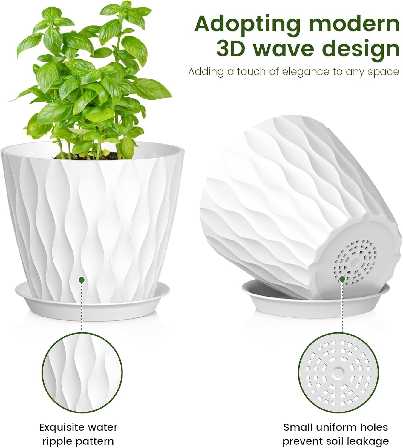 7/6.5/6/5.5/5/4.5/4 inch Plant Pots for Indoor Outdoor Plants, 7 Pack Thick Flower Pots with Drainage Holes and Saucers, Modern Wave Texture Small Plastic Planters Nursery Pots, Multicolor