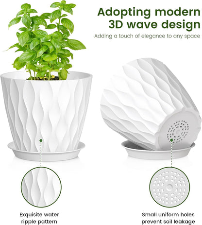 7/6.5/6/5.5/5/4.5/4 inch Plant Pots for Indoor Outdoor Plants, 7 Pack Thick Flower Pots with Drainage Holes and Saucers, Modern Wave Texture Small Plastic Planters Nursery Pots, Multicolor