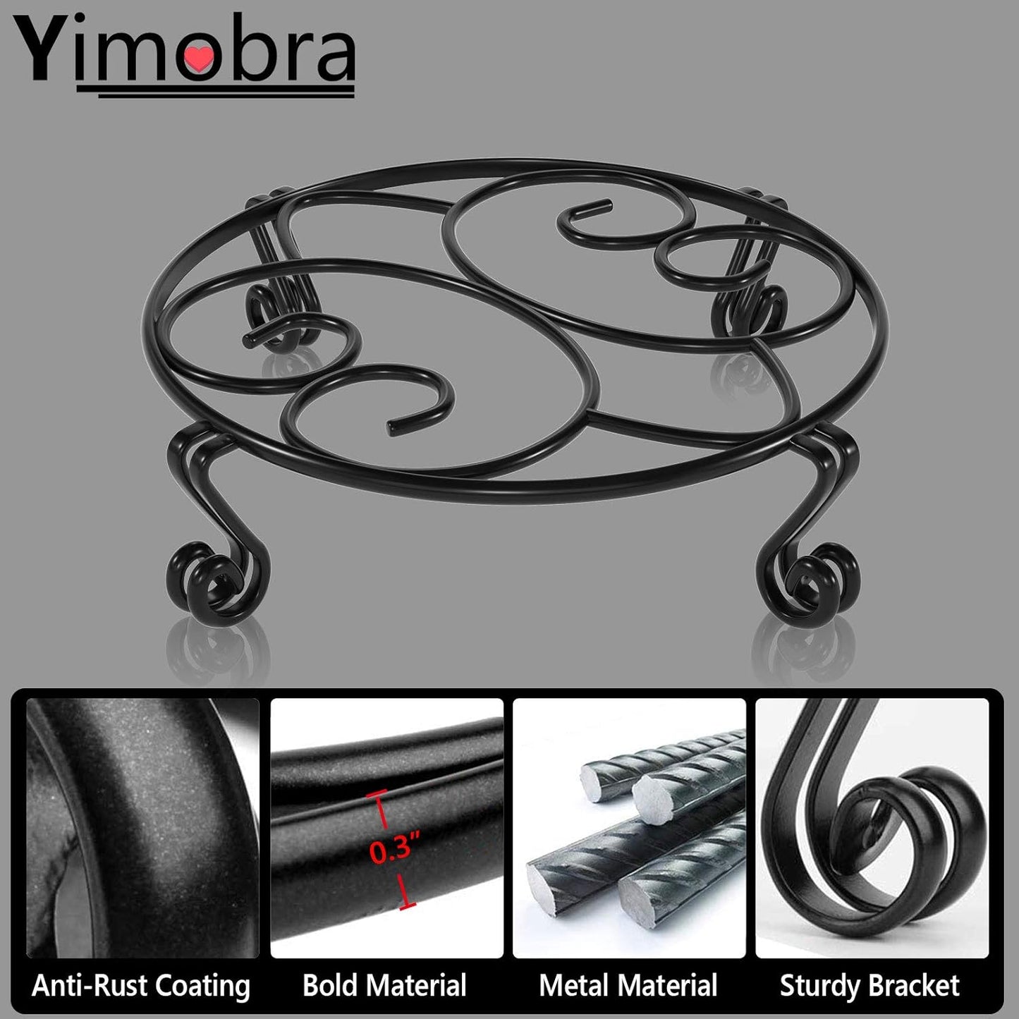 Yimobra Original Patented Plant Stand for Flower Pot Heavy Duty Potted Holder Indoor Outdoor, Metal Rustproof Iron Garden Container Round Supports Rack for Planter, Black, 10.2 Inches