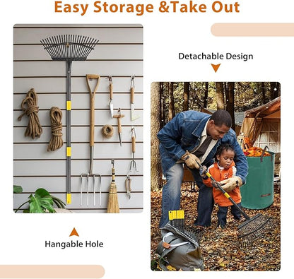 Rake, Garden Leaf Rake Set, 78 Inch Long 18 Inch Wide Heavy Duty Leaf Rake with 25 Metal Tines, 32 Gallon Leaf Bags, Leaf Scoops, Yard Garden Thatching Rake for Leaves with Adjustable Handle