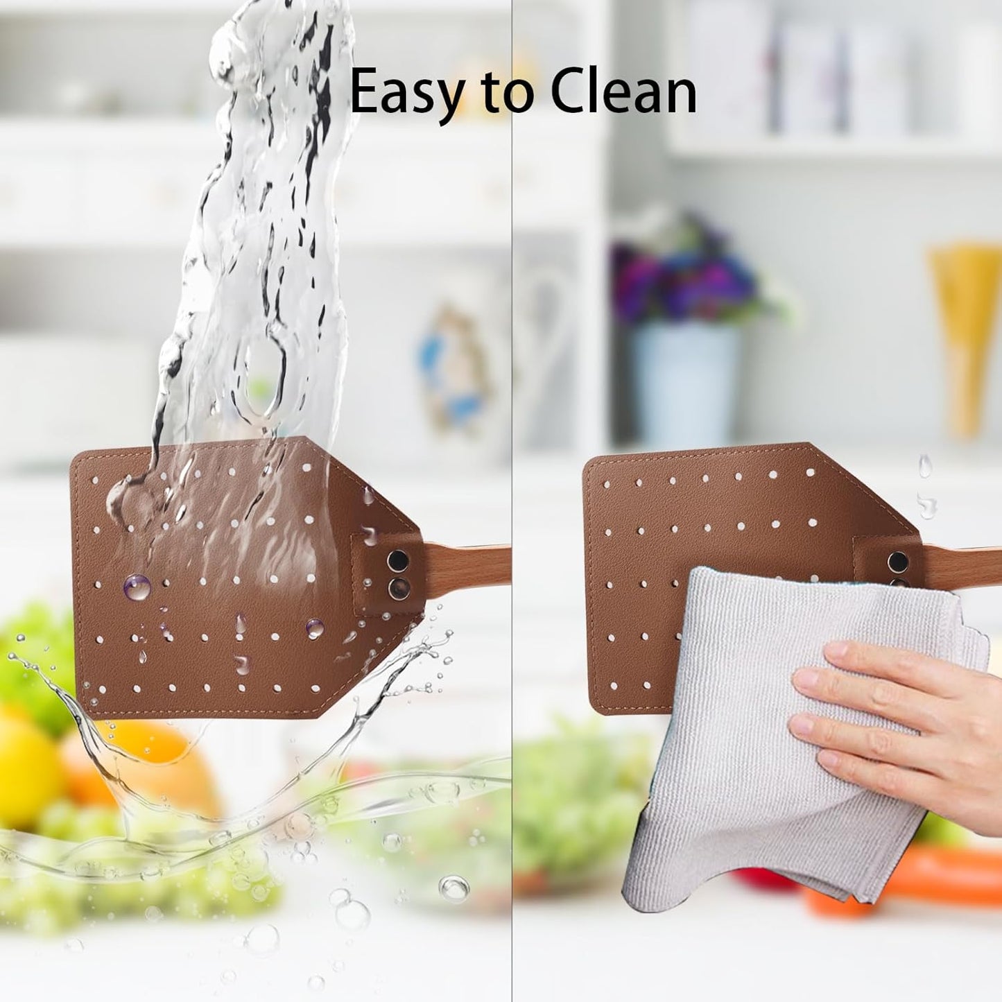 Fly Swatter Set - 2 Pack Wooden Leather Fly Swatter with Hanging Rope, Heavy Duty Fly Swatter for Indoors and Outdoors (2 Brown)