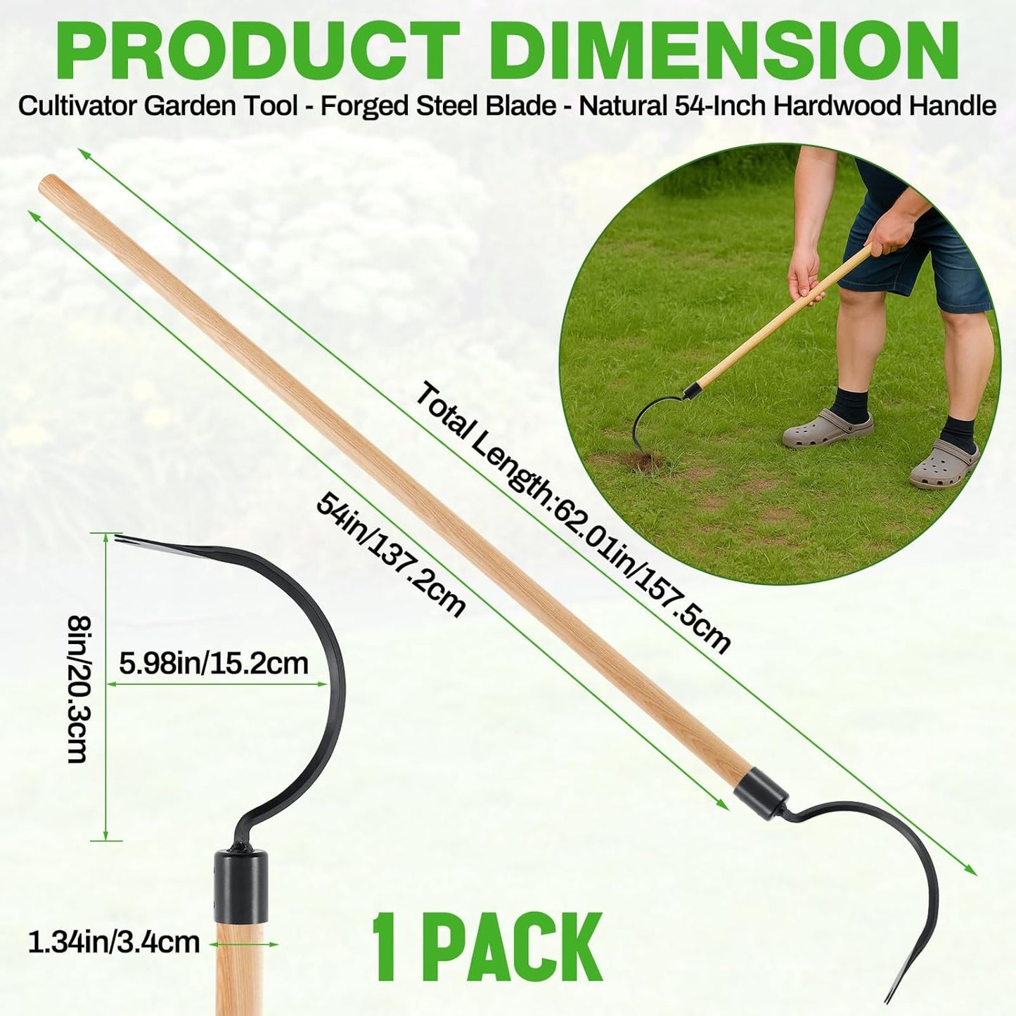 Long Handle Weeder Hook Garden Weeder Tool Versatile Cultivator Garden Tool 54 Inch Hardwood Handle with 8 Inch Alloy Steel Blade for Gardening, Yard, Lawn, Patio Digging, Edging and Planting