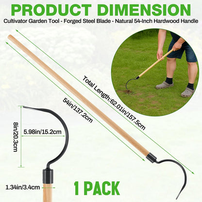 Long Handle Weeder Hook Garden Weeder Tool Versatile Cultivator Garden Tool 54 Inch Hardwood Handle with 8 Inch Alloy Steel Blade for Gardening, Yard, Lawn, Patio Digging, Edging and Planting