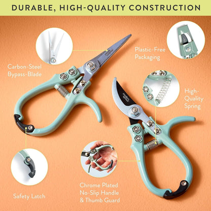 Modern Sprout Hand Pruners & Shears Set with Blister Pack - Lightweight Gardening Tools with Easy Lock - Sharp Carbon Steel Blades -Rust Resistant Scissors for Herbs, Flowers - Ocean