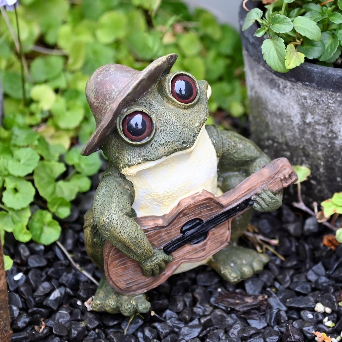 OwMell Frog Statue for Garden, Green Frog Figurine for Outdoor Decor Yard and Garden Decoration Resin Sculpture 6 Inches - Guitar