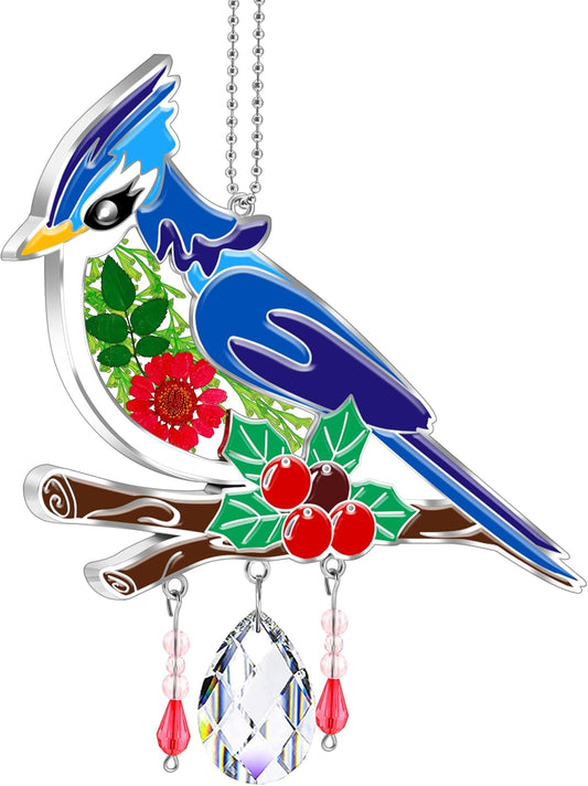 KY&BOSAM Blue Bird Suncatcher Gifts for Mom Hand Painted Stained Glass for Windows Hanging Wind