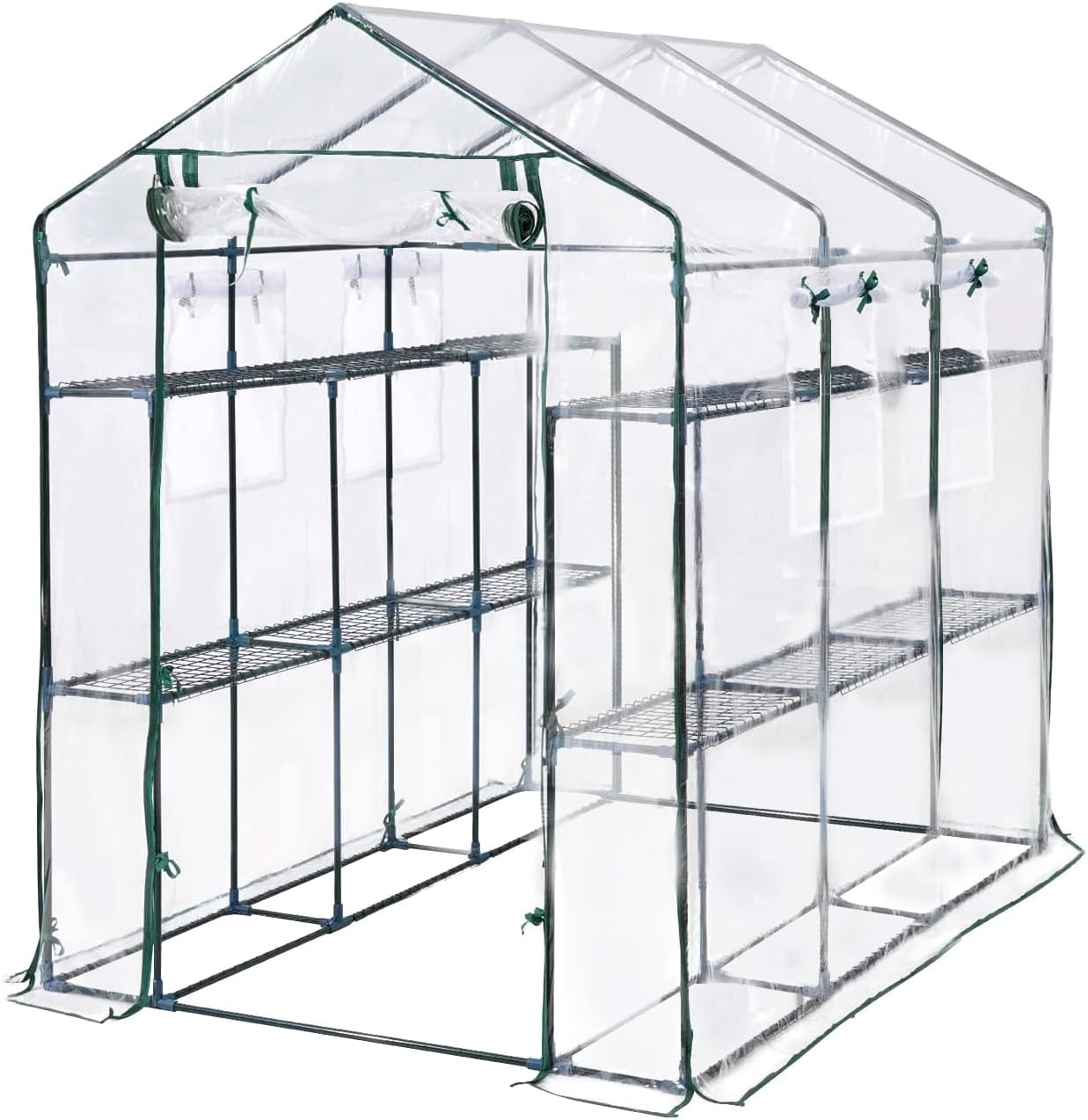 Greenhouse, 57 x 85 x 77'' Greenhouses for Outdoors, with Mesh Side Windows, PE Cover, 8 Shelves, Heavy Duty Walk in Green House for Backyard Garden Indoor, White& Green Outside