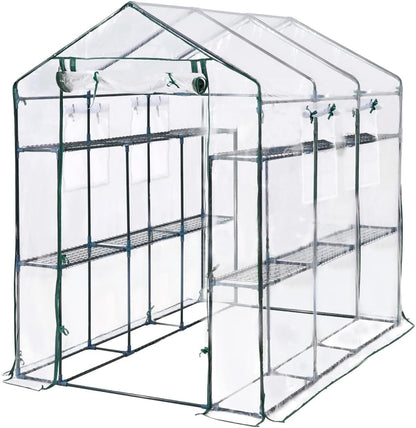 Greenhouse, 57 x 85 x 77'' Greenhouses for Outdoors, with Mesh Side Windows, PE Cover, 8 Shelves, Heavy Duty Walk in Green House for Backyard Garden Indoor, White& Green Outside