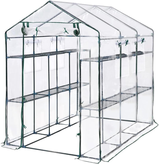 Greenhouse, 57 x 85 x 77'' Greenhouses for Outdoors, with Mesh Side Windows, PE Cover, 8 Shelves, Heavy Duty Walk in Green House for Backyard Garden Indoor, White& Green Outside