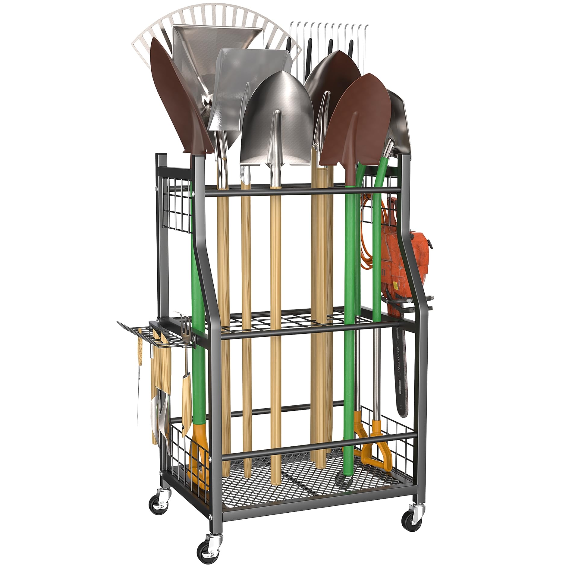 WALMANN Garden Tool Organizer with Wheels for Garage, Rakes/Shovels/Yard Tools Storage Stand for