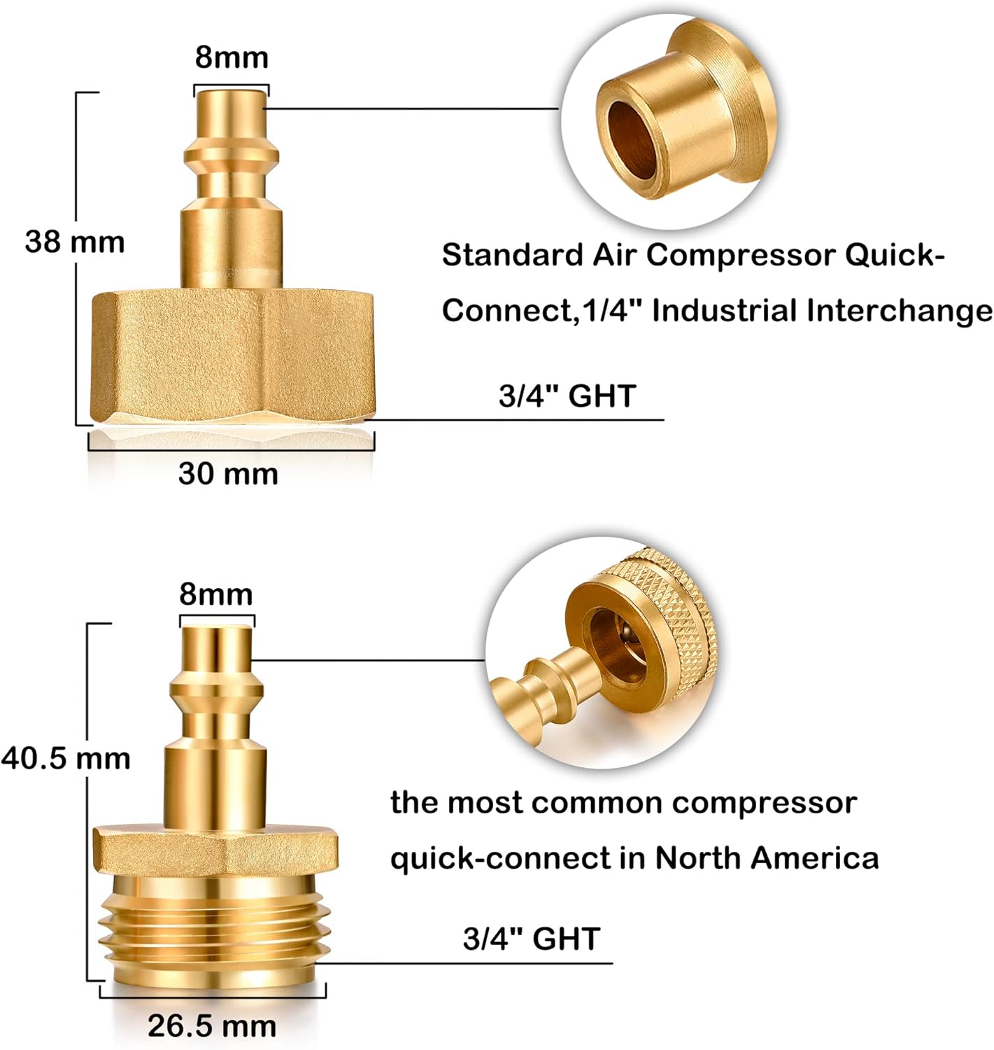 RV 1/4" Quick Connector to 3/4" GHT Garden Hose Adapter - Brass (Male + Female), Winter Freeze Protection & Water Drain for Camping RV, Boat, Hose Blow-Out Plugs