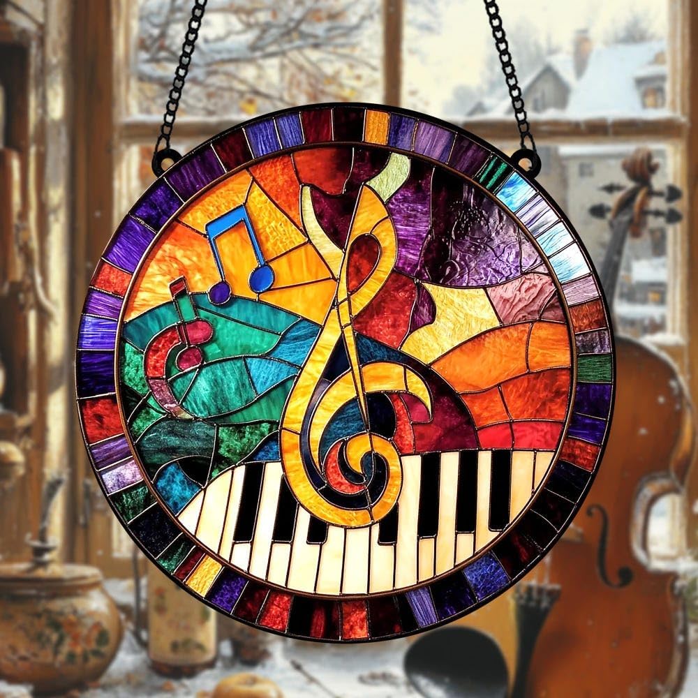 Treble Clef Piano Acrylic Suncatcher Stained Glass Effect Window Car Hanging Christmas Ornament Indoor Outdoor Decor Garden Sun Catcher Panel Gifts for Music Lover for Women Mom Grandma