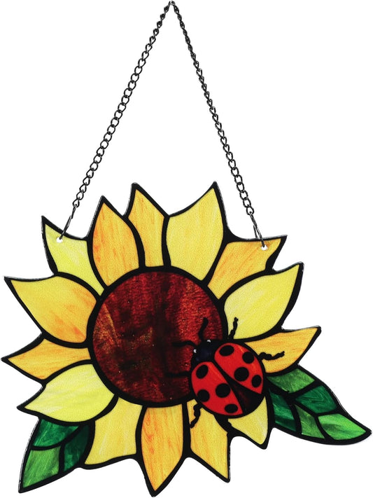 Stained Glass Suncatcher, Sunflower and Ladybug Window Hanging, Hand-Painted (Style 4)