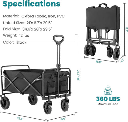 OLIXIS Heavy Duty Wagon Cart, 360 lbs Foldable Large Collapsible Wagons Carts with Wheels Smooth Maneuverability for All-Terrain, Suitable for Gardening, Camping, Beach - Black
