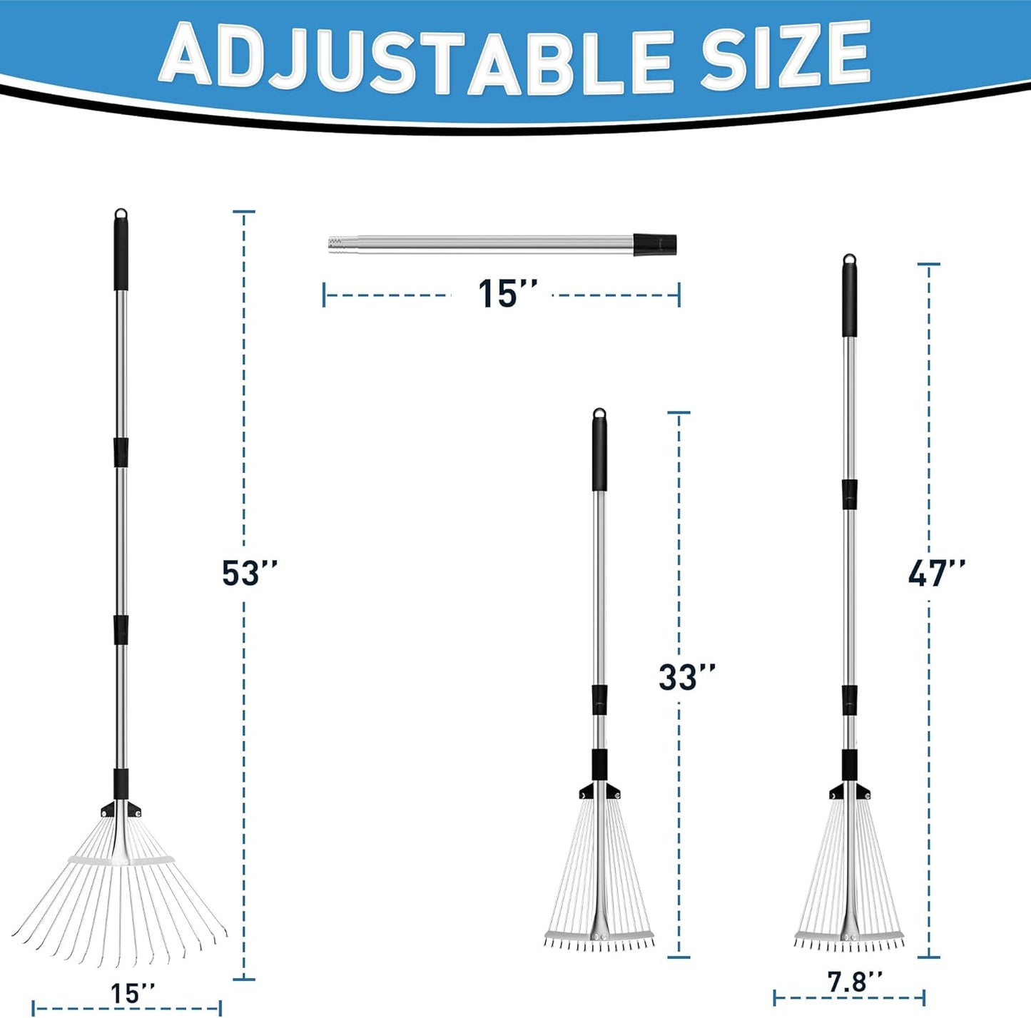 Garden Rake for Leaves, Metal Adjustable Leaf Rake for Lawns, Length 37"-53", Adjustable Expandable Head 8"-15", Garden Tools for Lawn Garden Yard Flowers Beds Bush
