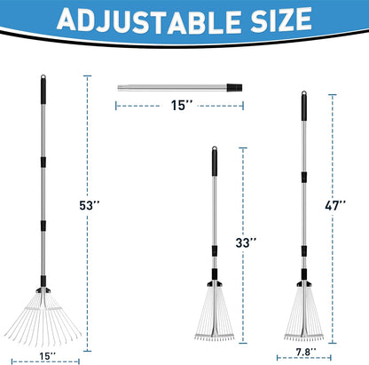 Garden Rake for Leaves, Metal Adjustable Leaf Rake for Lawns, Length 37"-53", Adjustable Expandable Head 8"-15", Garden Tools for Lawn Garden Yard Flowers Beds Bush