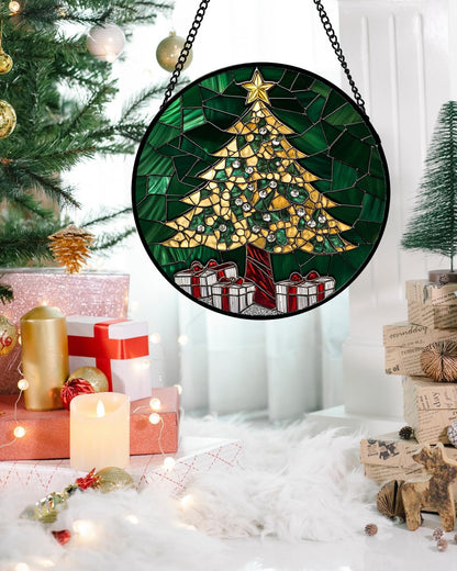Stained Glass Window Hanging - Gold Green Christmas Tree Suncatcher for Doors Home Christmas Decoration Winter Sun Catcher Thanksgiving New Year Birthday Gifts for Women Men Mom Nana 11.8 in