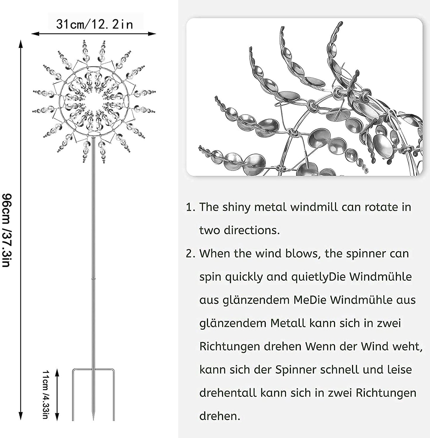 Magical Metal Windmill, Stainless Steel Windmill,Kinetic Metal Wind Spinners Garden Stake, 3D Wind Sculptures Move with The Wind Lawn Solar Wind Catcher Outdoor Patio Garden Decoration (SILVER-1PCS)