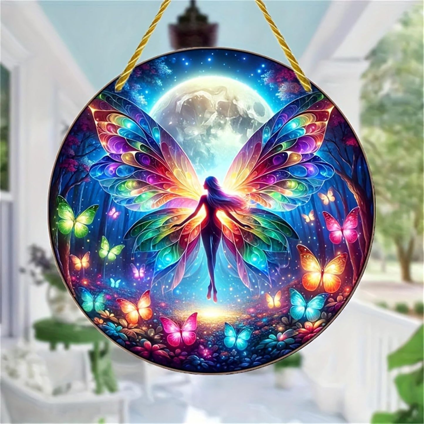 Butterfly Stained Suncatchers for Windows Forest Moon Fairy Hanging Stained Acrylic Panels, Kitchen Bedroom Garden Wall Art Decoration Gifts for Women Mom Grandma Teacher