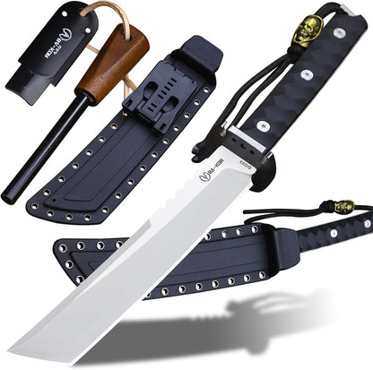 BA-KOR 15.8in Full Tang Japanese Style Outdoor Knife –8mm DC53 Steel, Nylon Fiber Handle &Sheath, Hunting Survival Knife+(5.9in) cerium igniter (Black handle and white blade (8mm))
