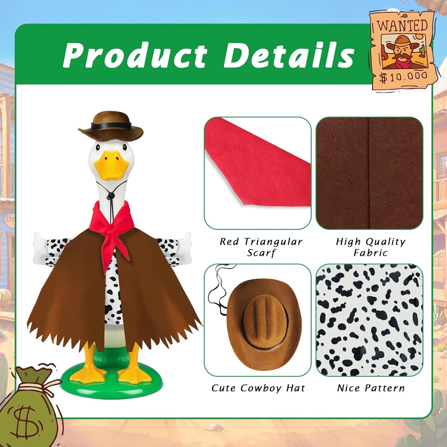 Western Cowboy Porch Goose Outfits - Fits 23" Lawn Statues, Includes Cowboy Hat & Triangular Scarf - Cute Plastic/Concrete Goose Clothes for Outdoor Patio, Yard Decor & Western Theme Parties