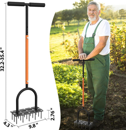 Lawn Aerator Spike Tool - Manual Grass Aerator with 15 Iron Spikes, Pre-Assembled Yard Aerator for Core Aeration, Dethatching, Heavy Duty T-Handle & Wide Foot Plate for Lawn Yard & Garden (Orange)