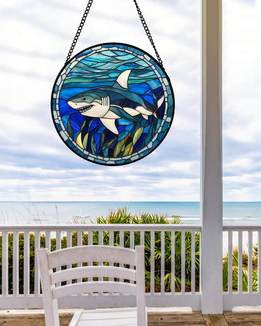 Stained Glass Suncatcher, Blue Ocean Big Shark Sun Catcher Waterweed Stain Glass Window Hanging