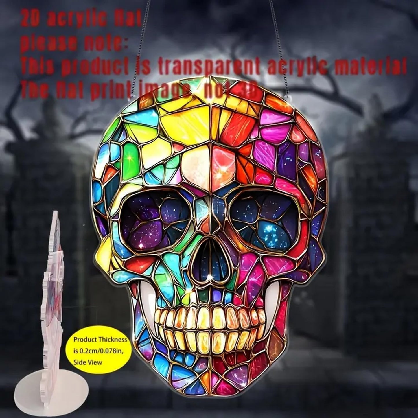 1pcs Stained Glass Window Hanging，Skull Suncatchers，The Day of Dead Ornament，Acrylic Window Sun Catcher Decor，Garden Home Wall Art Suncatcher， Friends Women Men 7.8inch