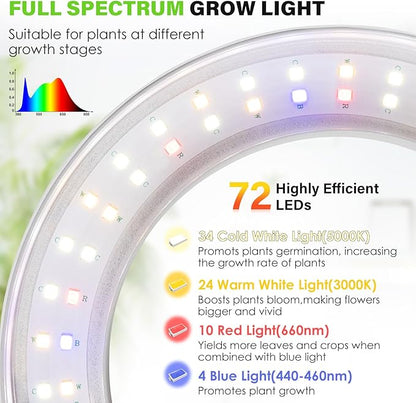 LORDEM 6.3” Ceiling Grow Light for Indoor Plants, 72 LEDs Full Spectrum Halo Plant Light, Under Cabinet Growing Lamp with 4/8/12H Auto Switch, 4 Dimmable Brightness Levels, Ideal for Pot Plants