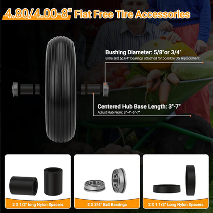 4.80/4.00-8 Flat Free Wheelbarrow Tire with 5/8 & 3/4 Bearing 3" -7" Centered Hub for Garden Cart Ribbed Tread Foamed Polyurethane Tire by NISHCON - 2 Pack