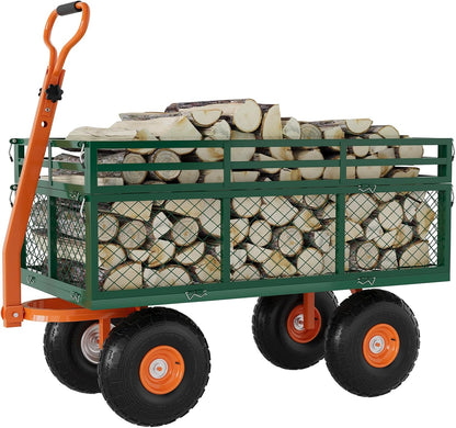 Versatile Garden Cart for Lawn and Yard with Heavy Duty Steel, 1400 Lbs Capacity Mesh Steel Garden Cart Folding Utility Wagon with Removable Side Panels, Long Handle, 10" Tires - Green and Orange