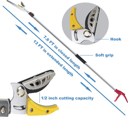 7.6-13 Foot 2 Sections Extendable Tree Trimmers with 4 Nodes Adjustment, Cut and Hold Pruners, Long Reach Pole Saw Pruning Shears, Telescopic Fruit Picker, Branch Clippers Garden Bypass Loppers