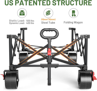 TIMBER RIDGE 600L Beast Wagon 26" W Extra Wide All Terrain Folding w/Big Wheels, Cargo Net & Tailgate, 26" W and 55.25" L, Capacity and 400lbs Heavy Duty Collapsible Portable Cart, Grey