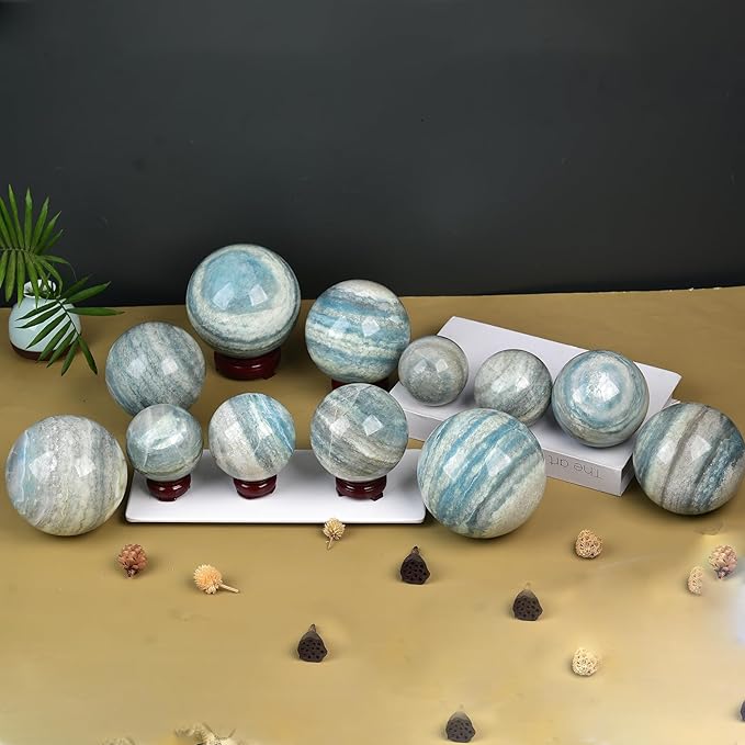 JIC Gem Natural Trolleite Crystal Ball Sphere Blue Healing Crystal Gemstone Ball with Display Stand Home Decor Meditation Grid Energy Balance (70-80mm)