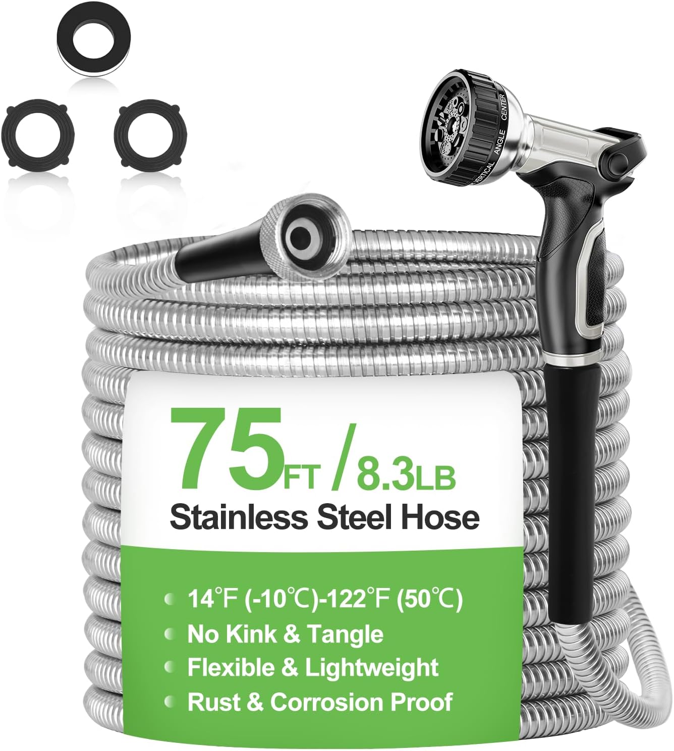 Garden Hose Metal 75 ft, Stainless Steel Water Hose with Upgrage Aluminum Nozzles, Flexible | Heavy Duty | Lightweight | No Kink | Anti-Bite Hose for Yard, RV Park, Outdoor Watering