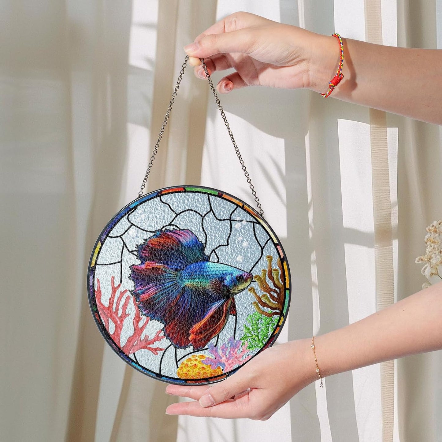 Personalized Betta Fish Stained Glass Suncatchers Art Glass Tropical Fishes for Sun Catcher Indoor Window Gifts for Pet Animal Nature Floral Aquatic Sea Ocean Lovers Painted Glass Panel Décor