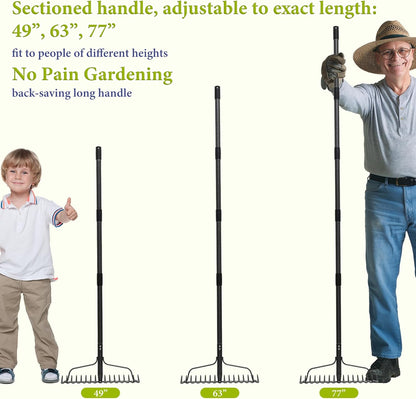 Adjustable Bow Rake Heavy Duty, Dual-Sided Steel Garden Rake Tool for Gathering Leaves, Pine Straw, Thatching, Breaking Up Soil, Leveling Gravel