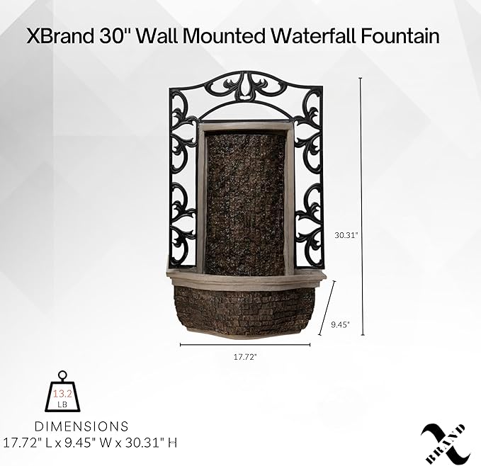 30" Wall Mounted Water Fountain – Indoor Outdoor, Black Stone Finish, Cascading Waterfall Decor