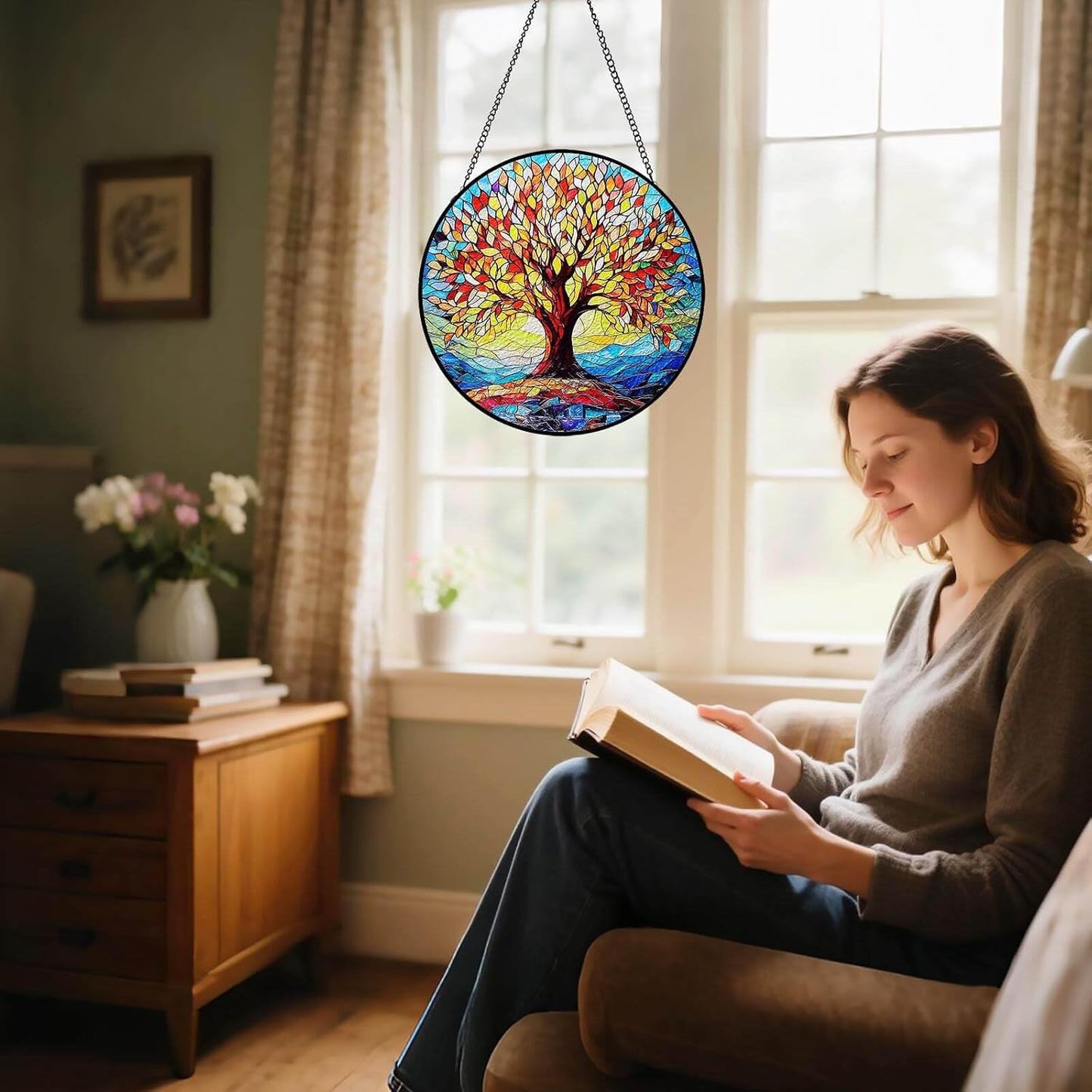 Tree of Life Stained Glass Suncatcher | 8" Round Indoor Window Sun Catchers with Stain Glass Panels | Handmade Wall Art Decor | Birthday Gifts for Women, Grandmothers