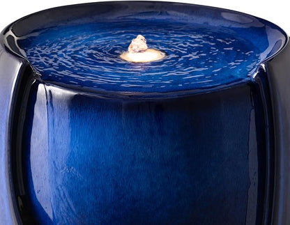 Glitzhome 29.25" H Oversized Ceramic Vase Outdoor Water Fountain Tall Patio Garden Water Fountain with LED Light and Submersible Pump Yard Art Decor, Cobalt Blue