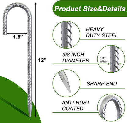 AAGUT Rebar Stakes 12 inch Galvanized Metal Tent Stakes 3/8" Heavy Duty Ground Anchor Stake for Large Canopy and Fence, J Hook Stakes Easy to Push into Hard Soil,12 Pack