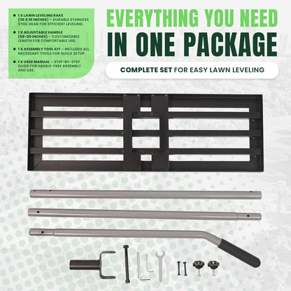 30" x 10" Stainless Steel Lawn Leveling Rake for Soil, Heavy Duty Lawn Leveler Tool for Yard with Adjustable Steel Handle up to 85", Yard Leveling Landscape Rake, Ground Leveler for Garden-Golf Course