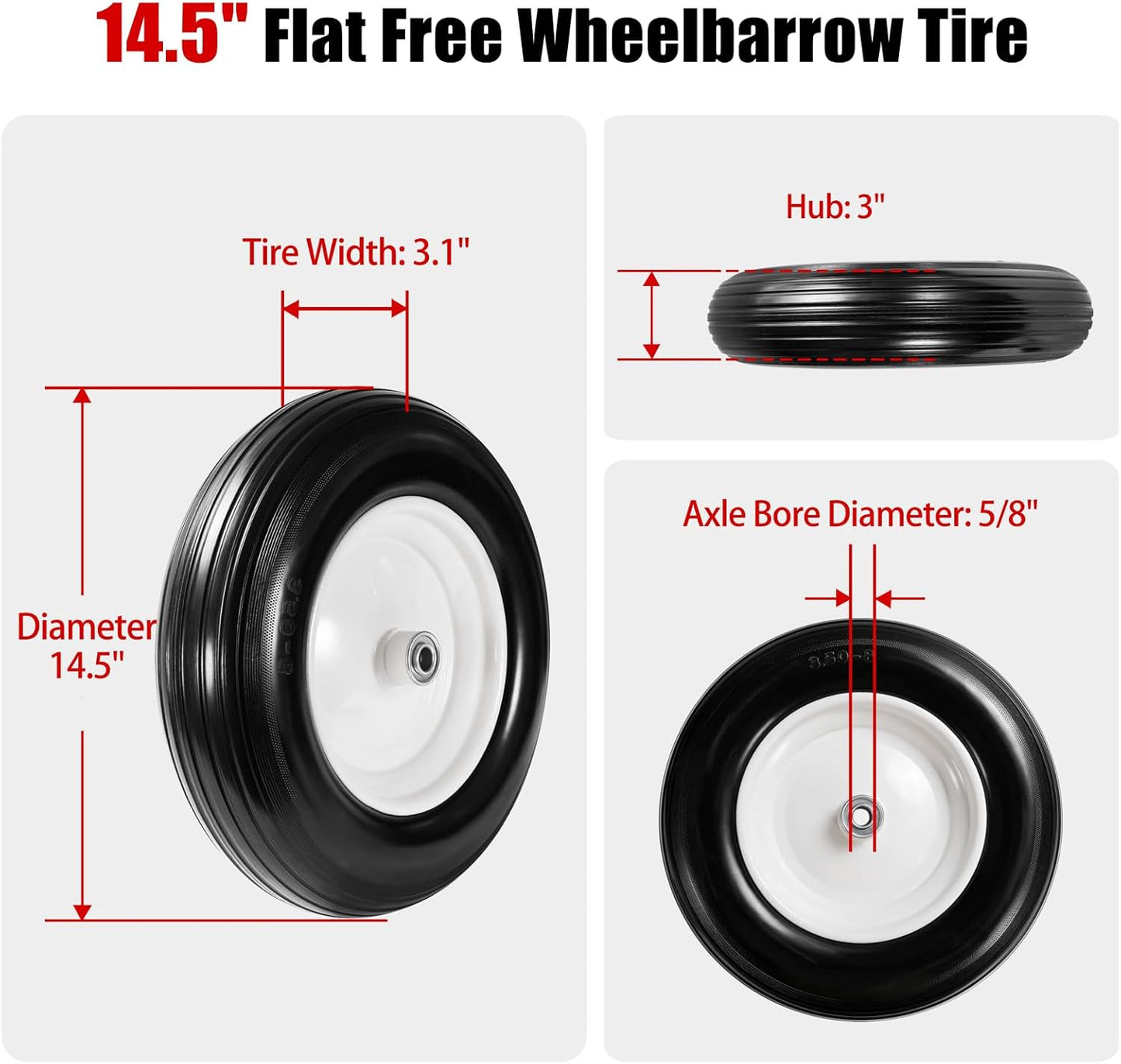 (2-Pack) Fits 4.80/4.00-8, 3.50/2.50-8, 4.00-6, 4.00-8 Wheelbarrow Wheels,14.5" Wheelbarrow Flat Free Tire, with 3/4" & 5/8" Bearing,3" Hub for Garden Cart Trolley Wagon Lawn Mower